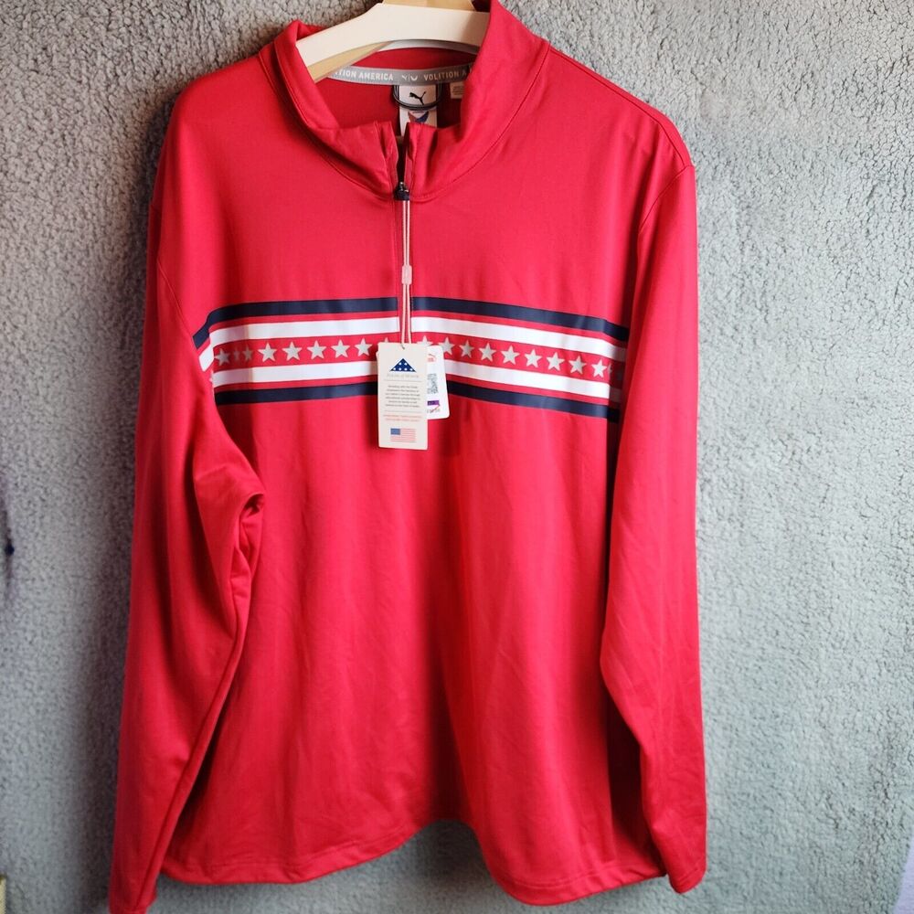 PUMA Mens Pullover Jacket SPF 50 1/4 Zip RED America Stars and Bars Size 2XL NEW